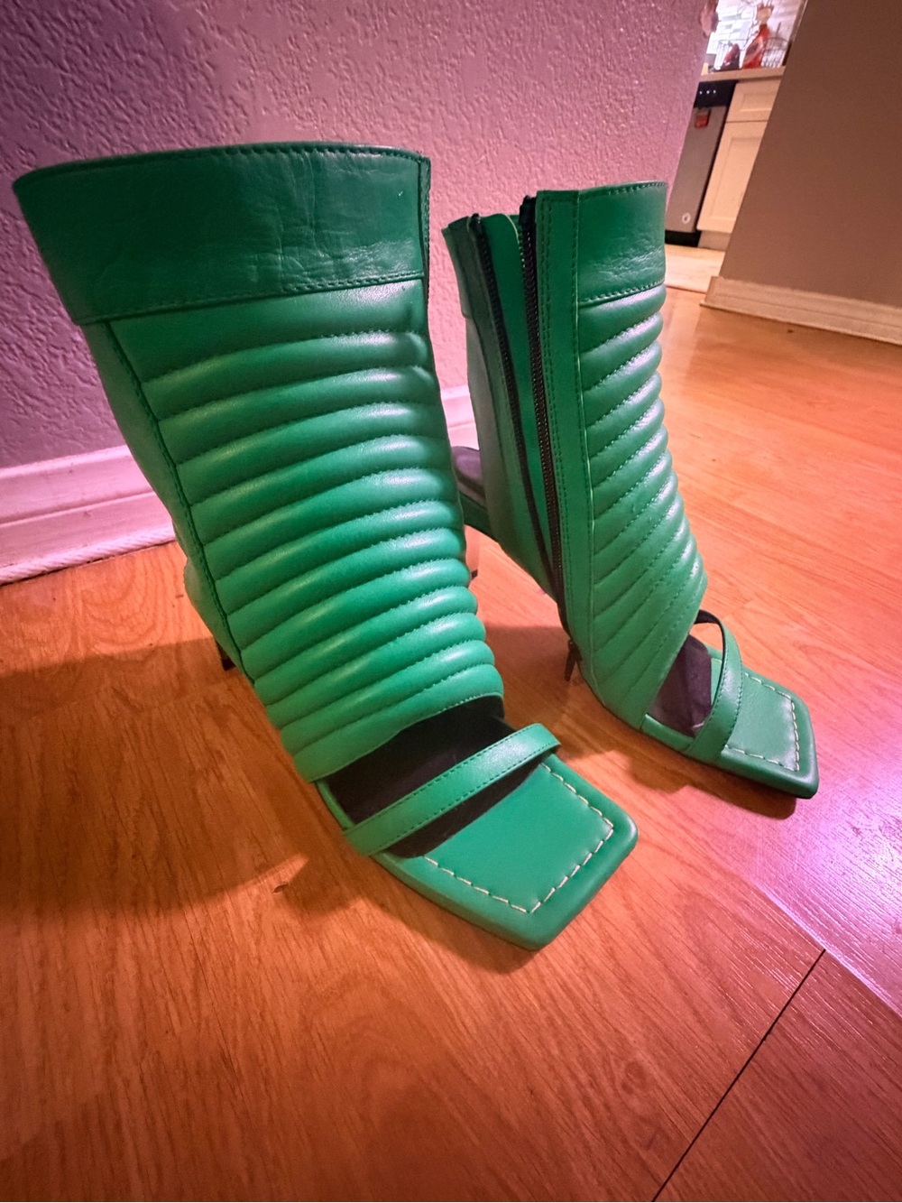 Tulla Heeled Sandal, Ribbed Square-Toe Heels in spring green.